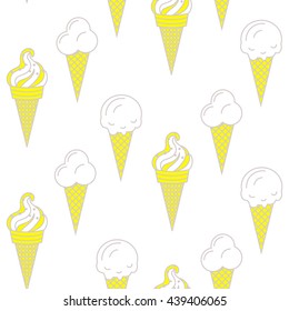Ice cream vector seamless pattern. Summer ice dessert collection. Waffle cone, popsicle and sundae pop art icon background for wrap and textile.
