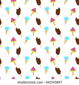 Ice cream vector seamless pattern. Summer ice dessert collection. Waffle cone, popsicle and sundae background for wrap and textile. Eskimo pie and watermelon ice-cream.