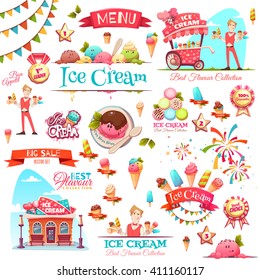 Ice cream vector set with banner icons and illustrations .