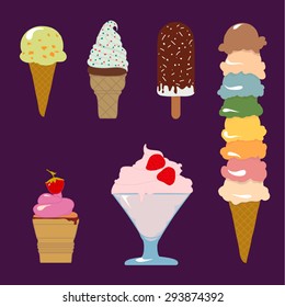 Ice cream vector set. Cold colorful desserts. 
