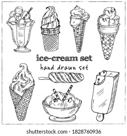 Ice cream Vector set with food hand drawn doodles.