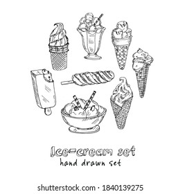 Ice cream Vector set with food hand drawn doodles.