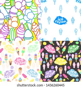 Ice cream. Vector set of sealess pattern. Sweet cold food, milk chocolate dessert. Color summer print. Hand drawn art background. Graphic illustration