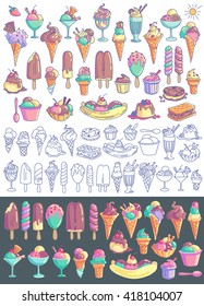 Ice Cream Vector Set. Snow Cone, Icecream Sandwich, Banana Split, Milkshake, Sorbet, Sundae, Gelato, Frozen Yogurt, Scoop. Line Art And Colorful Drawings Isolated On Background