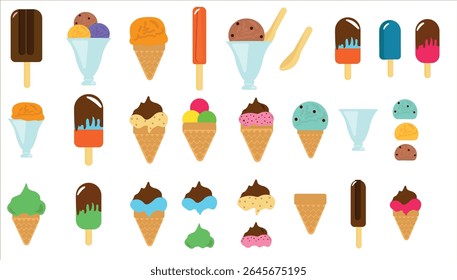 Conjunto de Vector de helado para Diseños de verano, verano dulce, iconos de helado, patrones, ilustración