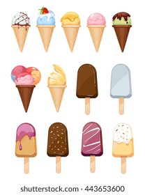 Ice cream vector set. Sweet ice cream with chocolate, dessert ice cream vanilla with strawberry illustration