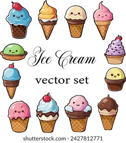 Ice cream vector set.Multi-colored ice cream in waffle cups on a transparent background with text.