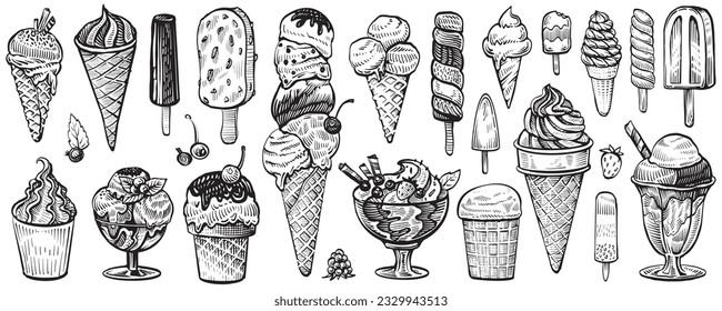 Postres de sketch vectorial de helados. Cono de wafer dibujado a mano, gelato, chocolate acristalado, sundae, helado que se sirve en un recipiente de vidrio.