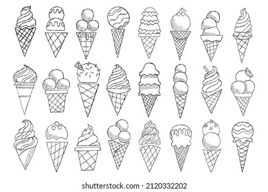 Ice cream vector sketch set. Hand drawn ice cream cone doodle