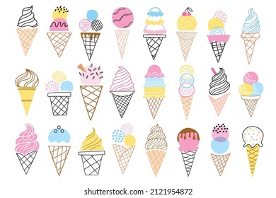 Ice cream vector sketch set. Hand drawn ice cream cone doodle isolated