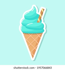 Ice cream vector sticker on light background. Colorful cold dessert in cartoon style. Sweet summer food in the waffle cone.