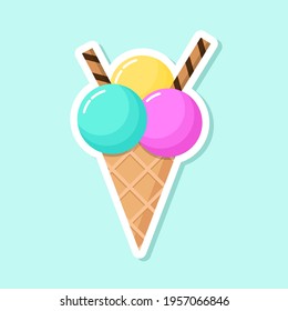 Ice cream vector sticker on light background. Colorful cold dessert in cartoon style. Sweet summer food in the waffle cone.