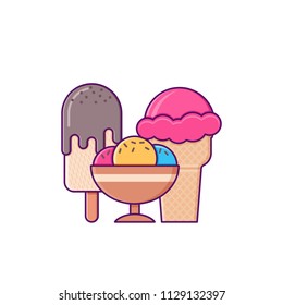 Ice cream. Vector. Sweet ice lolly and sundae icons. Junk snacks in flat design. Set outline desserts of cafe or restaurant. Unhealthy meal in line art style isolated on white background.