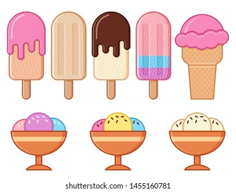 Ice cream. Vector. Sweet ice lolly and sundae outline icons. Set desserts isolated on white background. Junk snacks in flat design for cafe or restaurant. Illustration in line art style.
