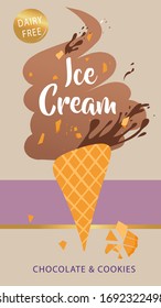 ICE CREAM. Vegan dairy free dessert. Freehand drawn Trend template poster, banner with soft color. Vegetarian sweet diet. 