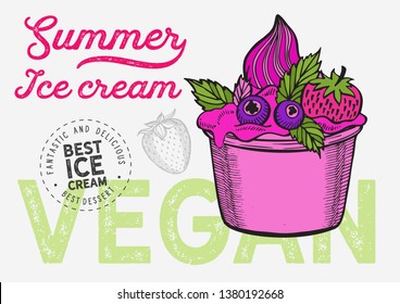 Ice cream vegan illustration for restaurant on vintage background. Vector hand drawn gelato icons for food and dessert cafe. Design with lettering and doodle graphic fruits and sweets.