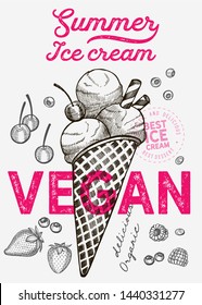 Ice cream vegan illustration for restaurant on vintage background. Vector hand drawn gelato icons for food and dessert cafe. Design with lettering and doodle graphic fruits and sweets.