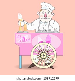 Ice cream vendor with cart. Abstract vector illustration. 