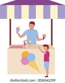 Ice cream vendor with kiosk semi flat color vector character. Full body people on white. Boy choosing frozen dessert isolated modern cartoon style illustration for graphic design and animation