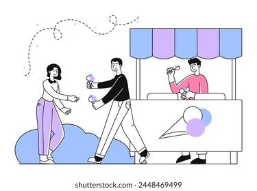 Ice cream vendor linear. Man sell frozen dessert and delicacy in summer season and hot weather. Seller give balls of gelato fot girl. Doodle flat vector illustration isolated on white background