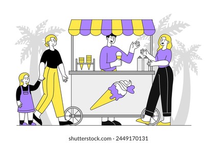 Ice cream vendor linear. Man sells cold and frozen dessert and delicacy for summer season. Street food and cafe occupation. Seller and buyers with kids. Doodle flat vector illustration