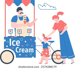 Ice cream vendor showing different ice cream flavors to a little girl with her mother caressing her head and her bicycle nearby, summer outdoor scene