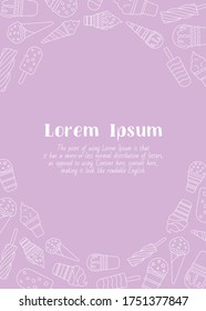 Eis Creme - vertikale Karte mit Text und Vektorgrafik von kalten Süßspeisen für Grafikdesign