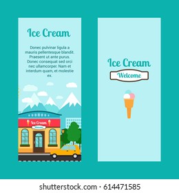 Ice cream vertical flyers with shop building and landscape. Vector illustration