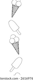 Ice cream Vertical seamless border. Vector graphic line ink pattern frame template illustration. Banner, poster, wrapping paper, sticker, print, modern textile design.
