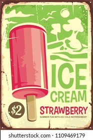 Ice cream vintage ad design with pink strawberry ice cream on green background. Retro poster advertising for sweet tasty refreshment.