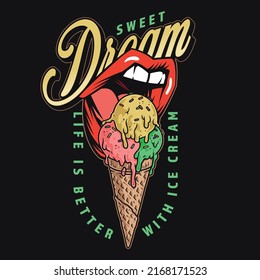 Ice cream vintage colorful flyer sweet dream cold dessert in waffle cone and red lips licking it vector illustration