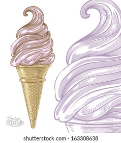 Ice cream in vintage engraving style. Vector illustration, isolated, grouped, transparent background.