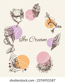 Ice cream vintage poster.  Hand-drawn retro vector illustration. Template element for frozen sweet dessert packaging design. Sketch style. 