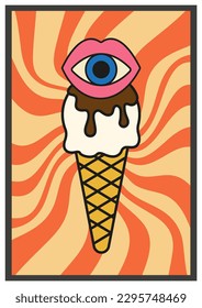 Ice Cream vintage, retro, 70s vector poster summer and spring. Swirling radial orange background. Beach holiday shop