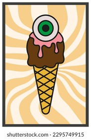 Ice Cream vintage, retro, 70s vector poster summer and spring. Swirling radial yellow background. Beach holiday shop