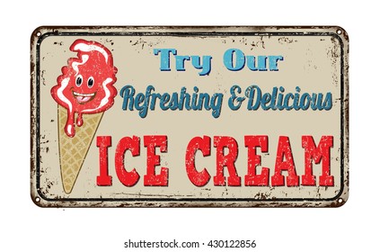 Ice cream vintage rusty metal sign on a white background, vector illustration