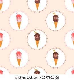 Ice cream vintage seamless pattern in round frames. Cute hand drawn vector illustration sweets on beige background for birthday party, greeting cards, gift wrap.