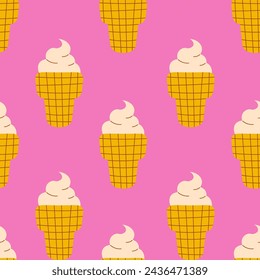 Ice cream vintage seamless pattern. Trendy vibrant colored hand drawn background with sweet dessert in retro style. Repeat vector illustration with textured waffle