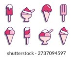 Ice cream volumetric icon set of pink color isolated on white. Different gelato sheet like scoop in waffle cone, soft serve in cup, popsicle on stick. Vector and png colorful clipart signs or logo.