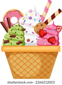 Ice cream wafer bowl with toppings illustration