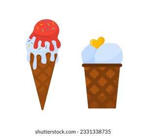 Ice cream wafer cone concept. Colorful frozen balls with jam. Dessert and delicacy for summer season. Sticker for social media. Cartoon flat vector illustration isolated on white background