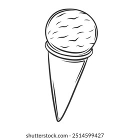 Ice cream in wafer cone icon, doodle sundae scoop serve. Funny retro sketch of vanilla gelato ball in crispy waffle cornet. Summer dessert mascot, hand drawn ice cream icon vector illustration