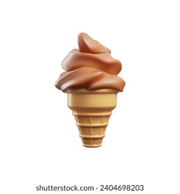 Ice cream in wafer cone realistic 3D icon. Soft serve chocolate ice cream swirl in wafer style cone. Vector isolated sundae eskimo in crispy waffle for frozen dessert cafeteria or gelateria