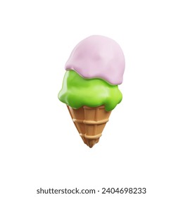 Ice cream in wafer cone realistic 3D icon. Soft serve pink and green fruit ice cream scoop in wafer cone. Vector isolated sundae eskimo in crispy waffle for frozen dessert cafeteria or gelateria