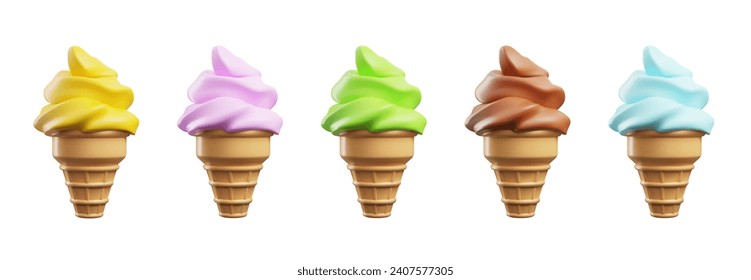 Ice cream in wafer cone realistic 3D icons set. Soft serve different colors ice cream in wafer style cone. Vector isolated fruit sundae eskimo in crispy waffle. Frozen dessert cafeteria or gelateria