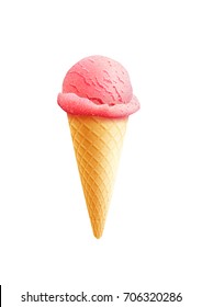 Ice cream in wafer cone realistic 3D icon. Vector isolated symbol of strawberry or raspberry berry and fruit ice cream scoop or sundae eskimo in crispy waffle for frozen dessert cafeteria or gelateria