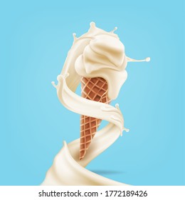 ice cream wafer cone in cream swirl. 3d realistic icon