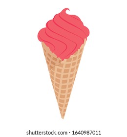 Ice cream in wafer cone vector isolated on white background. Pink ice cream