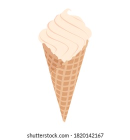 Ice cream in wafer cone vector isolated on white background. Vanilla ice cream