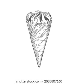 Cono de wafer helado. Ilustración vectorial esbozar cono de helado de gofre dibujado a mano con chocolate aislado en fondo blanco.
